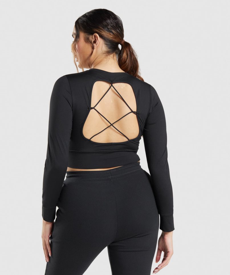 Women's Gymshark Pause Open Back Long Sleeve Cropped Tops Black | NZ 6RJIPF